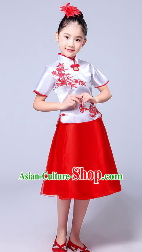 Chinese Ancient Chorus Costume Children Classical Dance Printing Red Dress Stage Performance Clothing for Kids