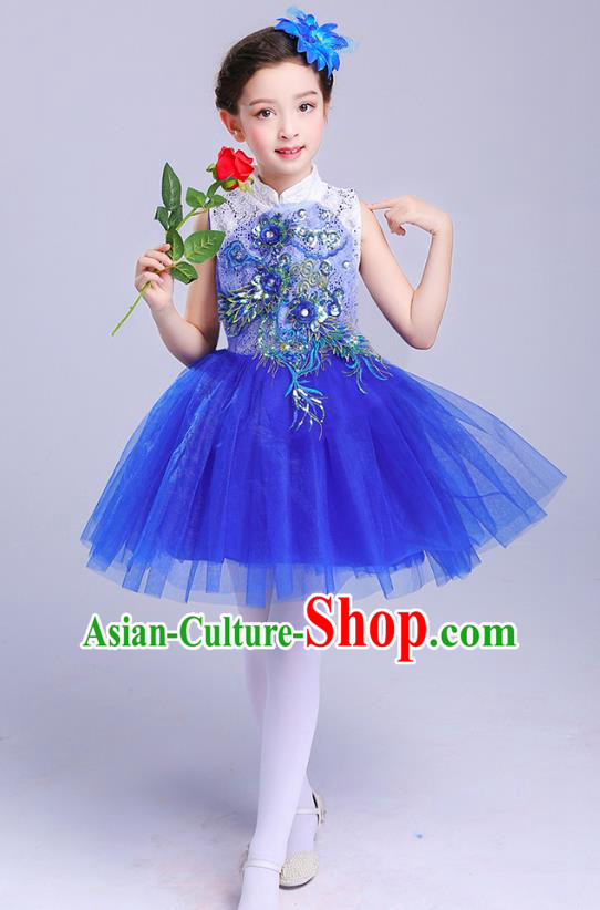 Top Grade Chorus Costumes Children Modern Dance Embroidered Paillette Royalblue Bubble Dress for Kids