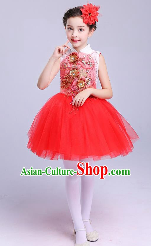 Top Grade Chorus Costumes Children Modern Dance Embroidered Paillette Red Bubble Dress for Kids
