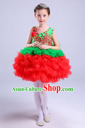 Top Grade Chorus Costumes Children Modern Dance Clothing Red Bubble Dress for Kids