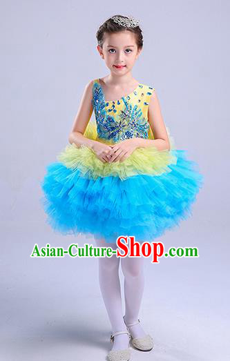 Top Grade Chorus Costumes Children Modern Dance Clothing Blue Bubble Dress for Kids