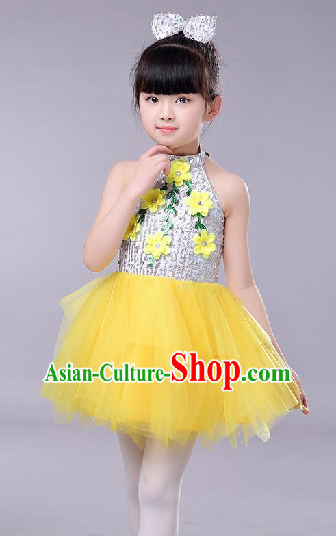 Top Grade Chorus Stage Performance Costumes Children Modern Dance Clothing Yellow Veil Bubble Dress for Kids