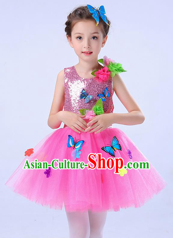 Top Grade Chorus Stage Performance Costumes Children Modern Dance Butterfly Clothing Pink Veil Bubble Dress for Kids