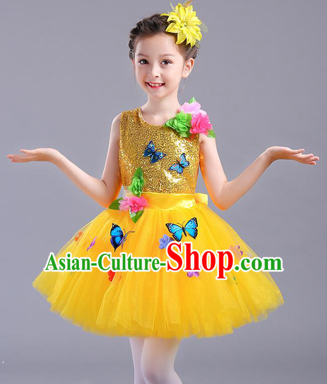 Top Grade Chorus Stage Performance Costumes Children Modern Dance Butterfly Clothing Yellow Veil Bubble Dress for Kids