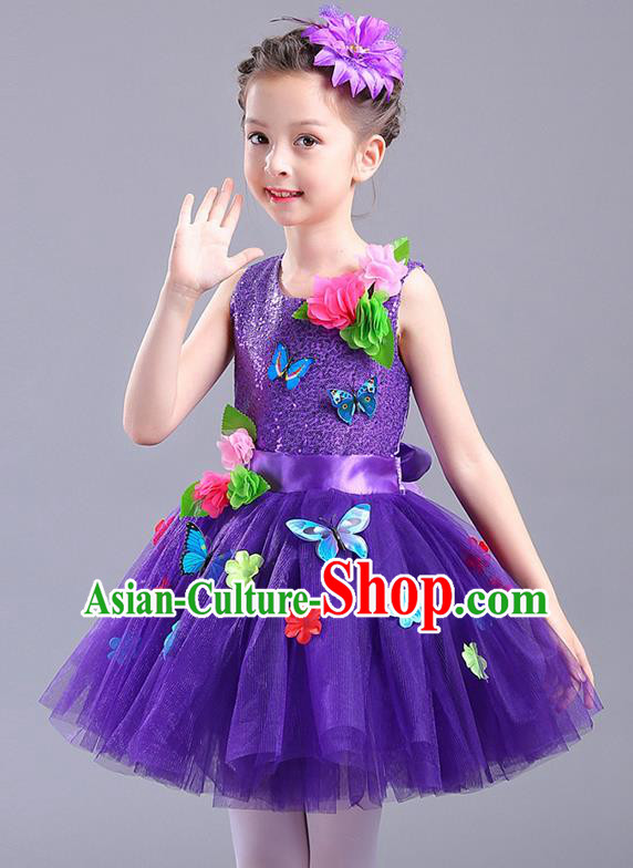 Top Grade Chorus Stage Performance Costumes Children Modern Dance Butterfly Clothing Purple Veil Bubble Dress for Kids