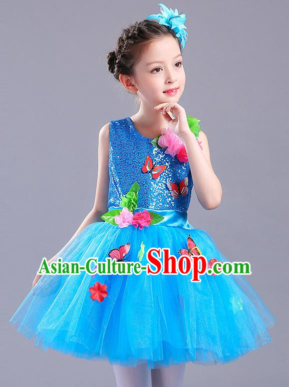 Top Grade Chorus Stage Performance Costumes Children Modern Dance Butterfly Clothing Blue Veil Bubble Dress for Kids