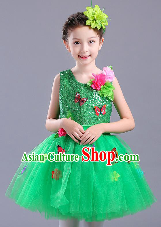Top Grade Chorus Stage Performance Costumes Children Modern Dance Butterfly Clothing Green Veil Bubble Dress for Kids