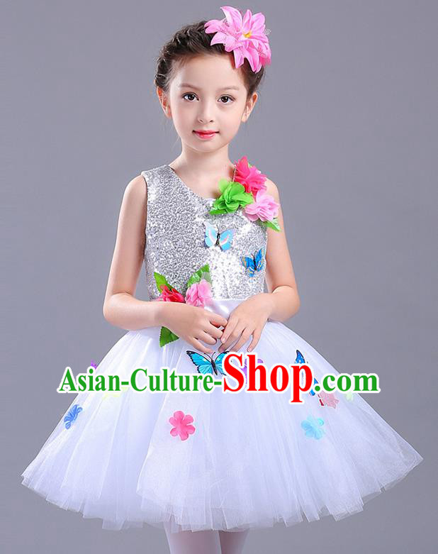 Top Grade Chorus Stage Performance Costumes Children Modern Dance Butterfly Clothing White Veil Bubble Dress for Kids