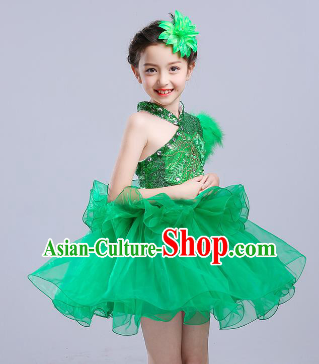 Top Grade Chorus Stage Performance Costumes Green Veil Bubble Dress Children Modern Dance Clothing for Kids