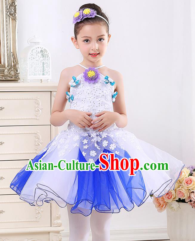 Top Grade Chorus Stage Performance Costumes Girls White Veil Bubble Dress Children Modern Dance Clothing for Kids