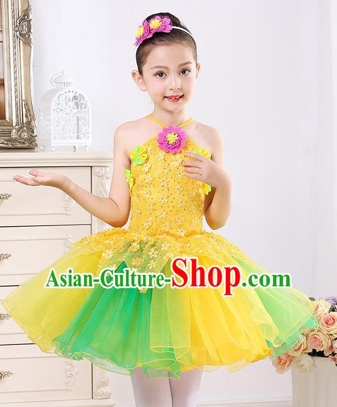 Top Grade Chorus Stage Performance Costumes Girls Yellow Veil Bubble Dress Children Modern Dance Clothing for Kids
