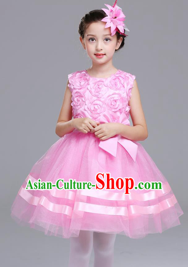 Top Grade Chorus Stage Performance Costumes Flower Fairy Pink Rose Bubble Dress Children Modern Dance Clothing for Kids