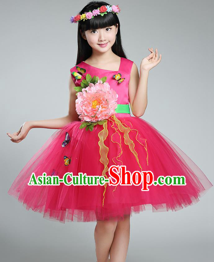 Top Grade Chorus Stage Performance Costumes Peony Flower Rosy Bubble Dress Children Modern Dance Clothing for Kids