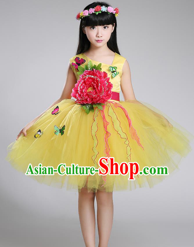 Top Grade Chorus Stage Performance Costumes Peony Flower Yellow Bubble Dress Children Modern Dance Clothing for Kids