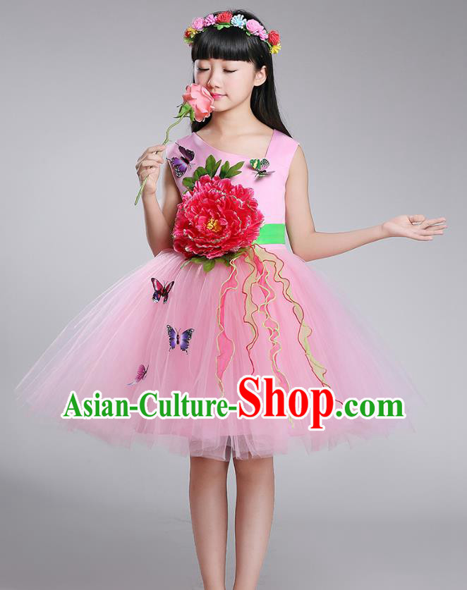 Top Grade Chorus Stage Performance Costumes Peony Flower Pink Bubble Dress Children Modern Dance Clothing for Kids