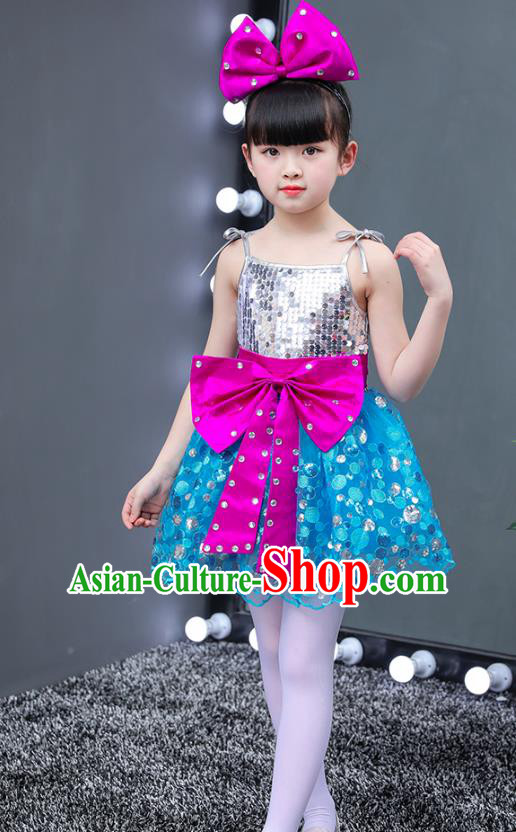 Top Grade Chorus Jaze Dance Stage Performance Costumes Blue Bubble Dress Children Modern Dance Clothing for Kids