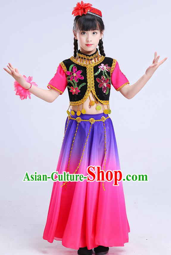 Chinese Traditional Folk Dance Costumes Uyghur Nationality Dance Pink Dress Children Classical Dance Clothing for Kids