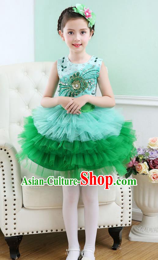 Top Grade Chorus Costumes Stage Performance Princess Crystal Green Bubble Dress Children Modern Dance Clothing for Kids