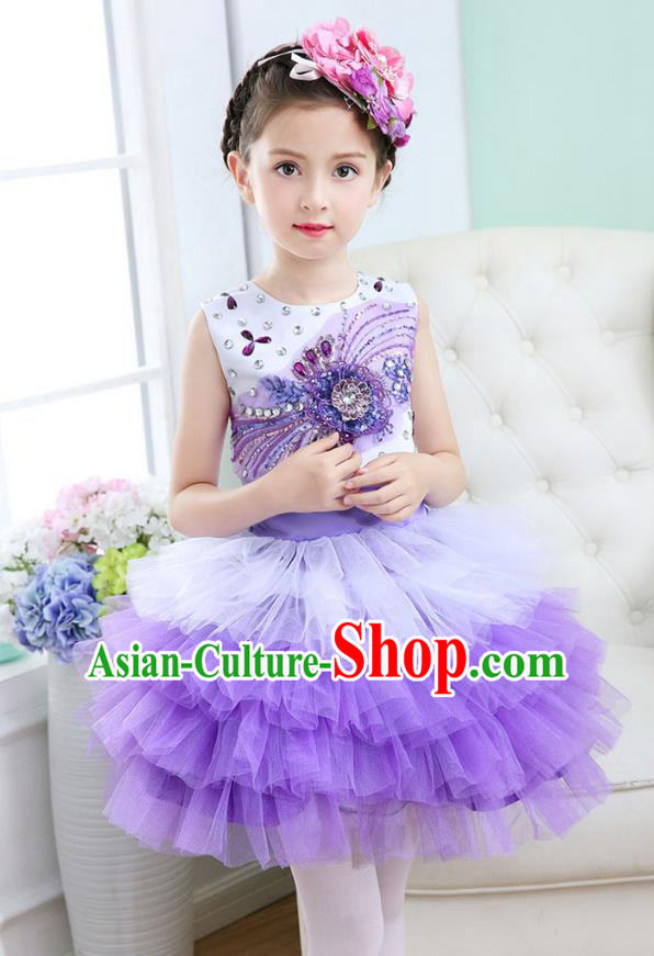 Top Grade Chorus Costumes Stage Performance Princess Crystal Purple Bubble Dress Children Modern Dance Clothing for Kids