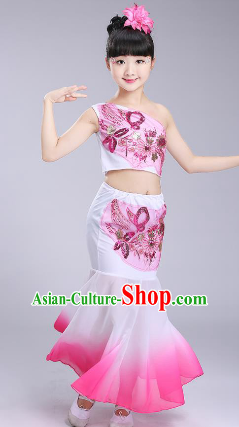 Chinese Traditional Folk Dance Costumes Dai Nationality Pavane Pink Dress Children Classical Peacock Dance Clothing for Kids