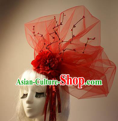 Top Grade Catwalks Hair Accessories Halloween Stage Performance Red Flower Veil Hair Clasp Modern Fancywork Headwear