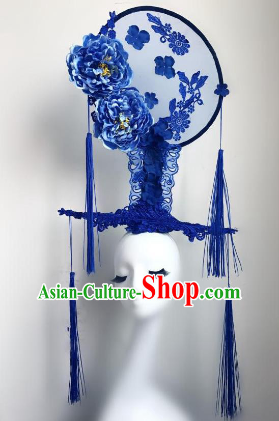 Top Grade Chinese Traditional Catwalks Hair Accessories Exaggerated Palace Blue Peony Headdress Halloween Modern Fancywork Headwear