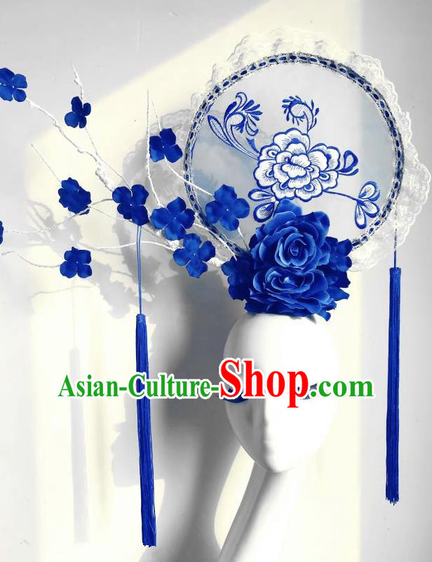 Top Grade Chinese Traditional Catwalks Hair Accessories Exaggerated Palace Blue Peony Embroidered Headdress Halloween Modern Fancywork Headwear