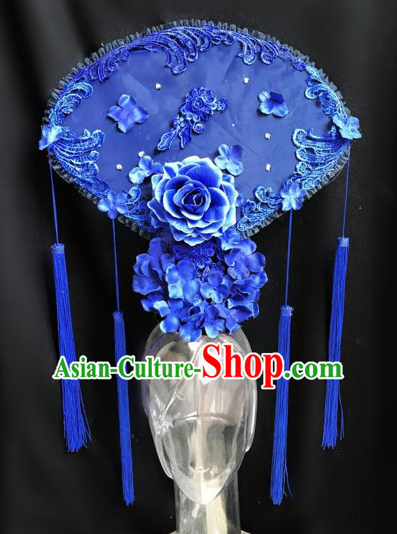 Top Grade Chinese Traditional Catwalks Hair Accessories Exaggerated Palace Blue Peony Fan-Shape Headdress Halloween Modern Fancywork Headwear