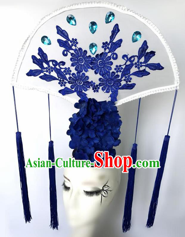 Top Grade Chinese Traditional Catwalks Hair Accessories Exaggerated Palace Pincess Blue Flowers Headdress Halloween Modern Fancywork Headwear