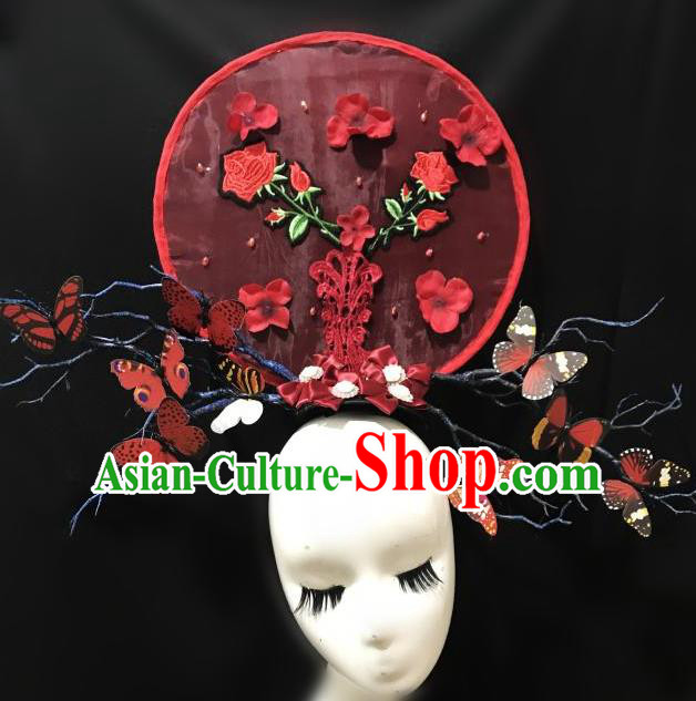 Top Grade Chinese Traditional Catwalks Hair Accessories Exaggerated Palace Pincess Red Butterfly Headdress Halloween Modern Fancywork Headwear