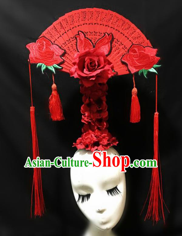 Top Grade Chinese Traditional Catwalks Hair Accessories Exaggerated Palace Pincess Red Lace Headdress Halloween Modern Fancywork Headwear