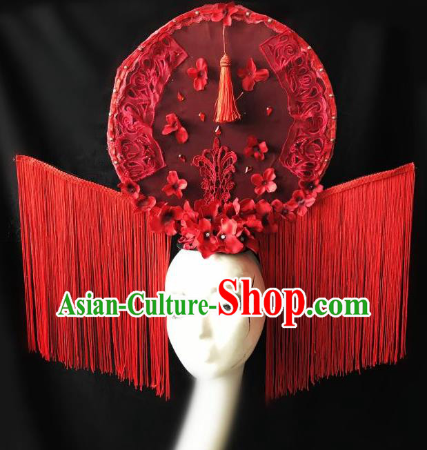 Top Grade Chinese Traditional Catwalks Hair Accessories Exaggerated Palace Pincess Red Lace Tassel Headdress Halloween Modern Fancywork Headwear
