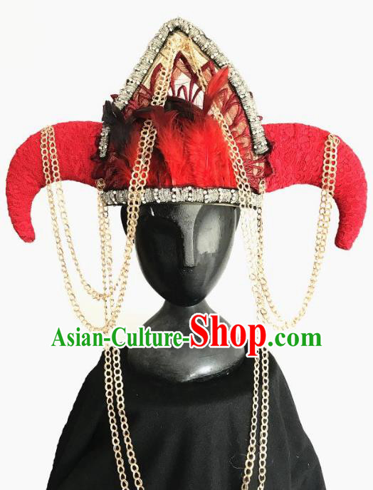 Top Grade Catwalks Tassel Hair Accessories Exaggerated Ox Horn Red Hats Halloween Modern Fancywork Headwear