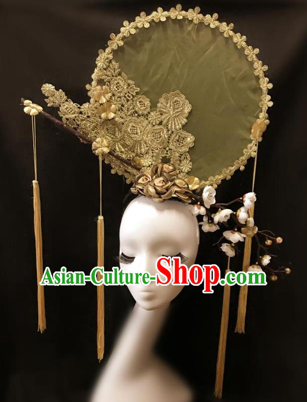 Top Grade Catwalks Tassel Hair Accessories Exaggerated Chinese Traditional Golden Lace Headdress Modern Fancywork Headwear