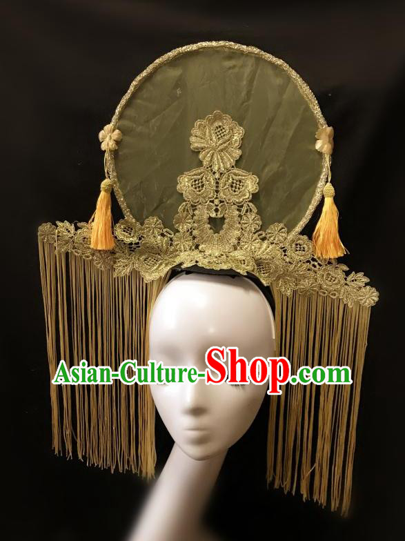 Top Grade Catwalks Tassel Hair Accessories Exaggerated Chinese Traditional Golden Tassel Headdress Modern Fancywork Headwear