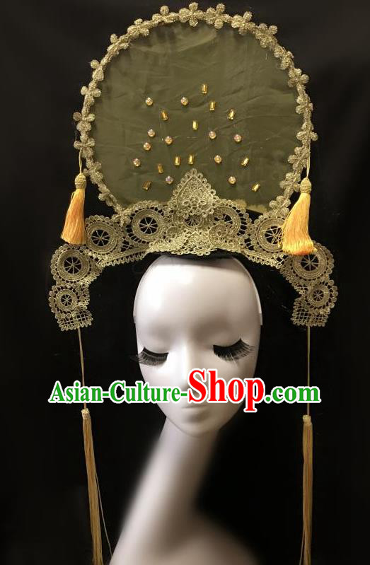 Top Grade Catwalks Tassel Hair Accessories Exaggerated Chinese Traditional Golden Headdress Modern Fancywork Headwear