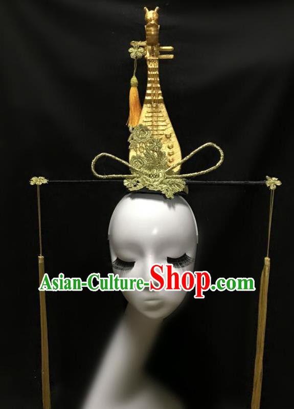 Top Grade Catwalks Tassel Hair Accessories Exaggerated Chinese Traditional Golden Lute Headdress Modern Fancywork Headwear