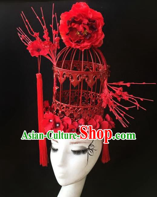 Top Grade Catwalks Hair Accessories Exaggerated Chinese Red Birdcage Hair Clasp Modern Fancywork Headwear