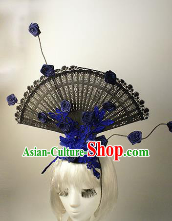 Top Grade Catwalks Chinese Traditional Hair Accessories Halloween Modern Fancywork Blue Lace Flowers Headwear