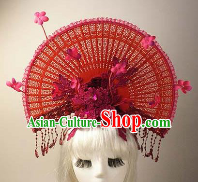 Top Grade Catwalks Chinese Traditional Hair Accessories Halloween Modern Fancywork Red Lace Flowers Headwear