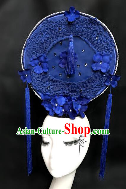 Top Grade Chinese Catwalks Hair Accessories Blue Lace Headdress Exaggerated Halloween Modern Fancywork Headwear