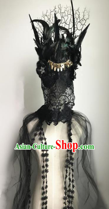 Halloween Catwalks Venice Black Feather Lace Face Mask Fancy Ball Props Accessories Christmas Exaggerated Masks