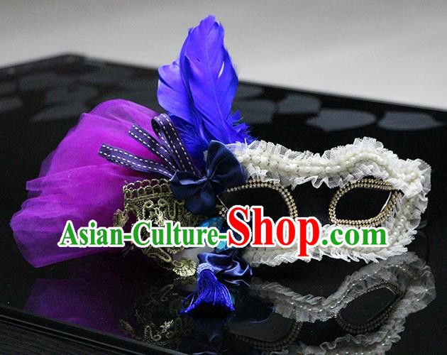 Halloween Catwalks Venice Blue Feather Face Mask Fancy Ball Props Accessories Christmas Exaggerated Masks