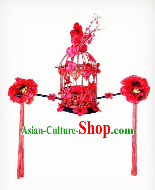 Top Grade Catwalks Hair Accessories Exaggerated Chinese Red Peony Birdcage Hair Clasp Modern Fancywork Headwear