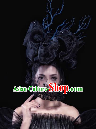 Top Grade Catwalks Gothic Hair Accessories Exaggerated Black Veil Hair Clasp Modern Fancywork Headwear