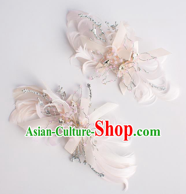 Chinese Ancient Bride Hair Accessories Xiuhe Suit Hairpins Pink Feather Hair Claws for Women