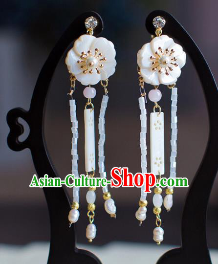 Chinese Ancient Bride Classical Accessories Shell Flower Earrings Wedding Jewelry Hanfu Eardrop for Women