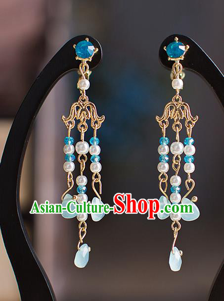 Chinese Ancient Bride Classical Accessories Earrings Wedding Jewelry Hanfu Blue Eardrop for Women