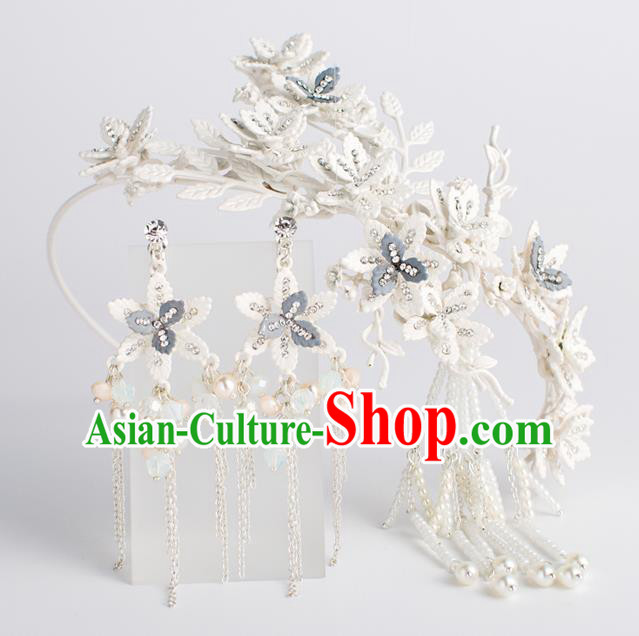 Bride Hair Accessories Wedding Flowers Tassel Hair Clasp and Earrings Headwear for Women