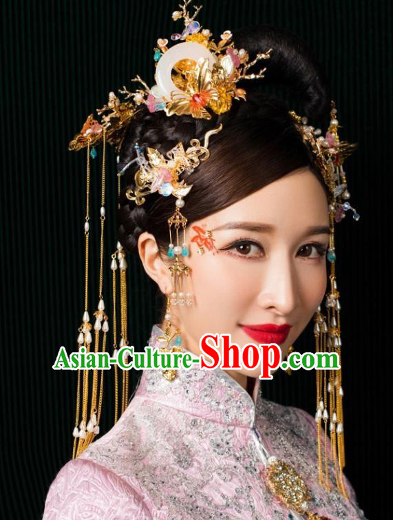 Chinese Traditional Palace Hair Accessories Tassel Step Shake Jade Phoenix Coronet Ancient Xiuhe Suit Hairpins for Women